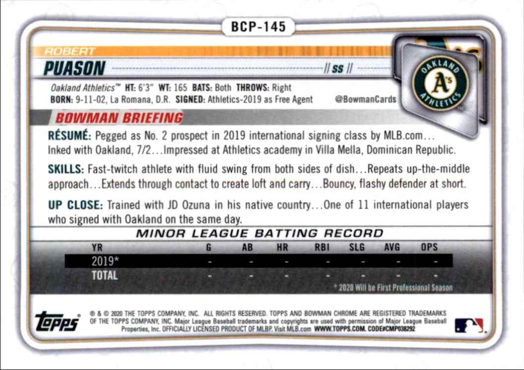 2020 Bowman Chrome Prospects Blue Shimmer Refractor Robert Puason #BCP-145 card back image
