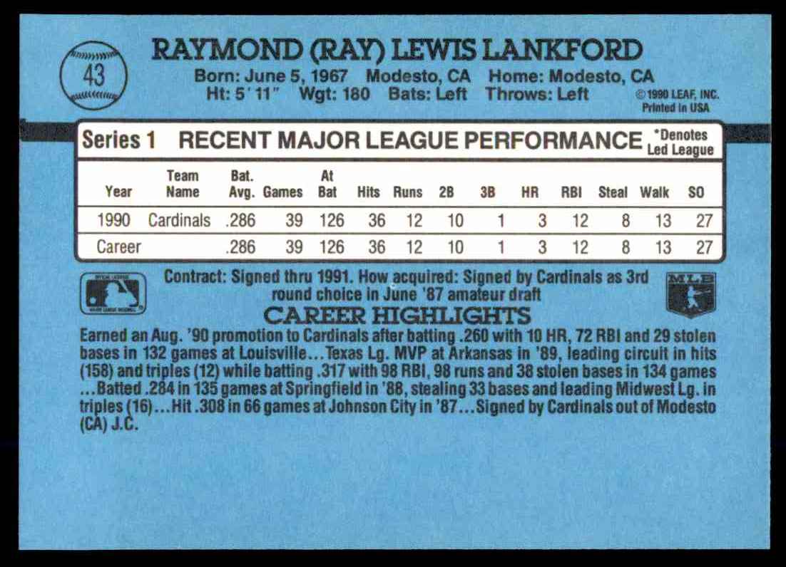 1991 Donruss Ray Lankford #43 card back image