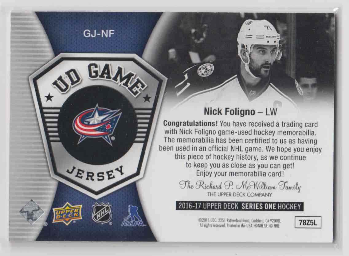 2016-17 Upper Deck Game Jerseys ! Nick Foligno #GJ-NF card back image