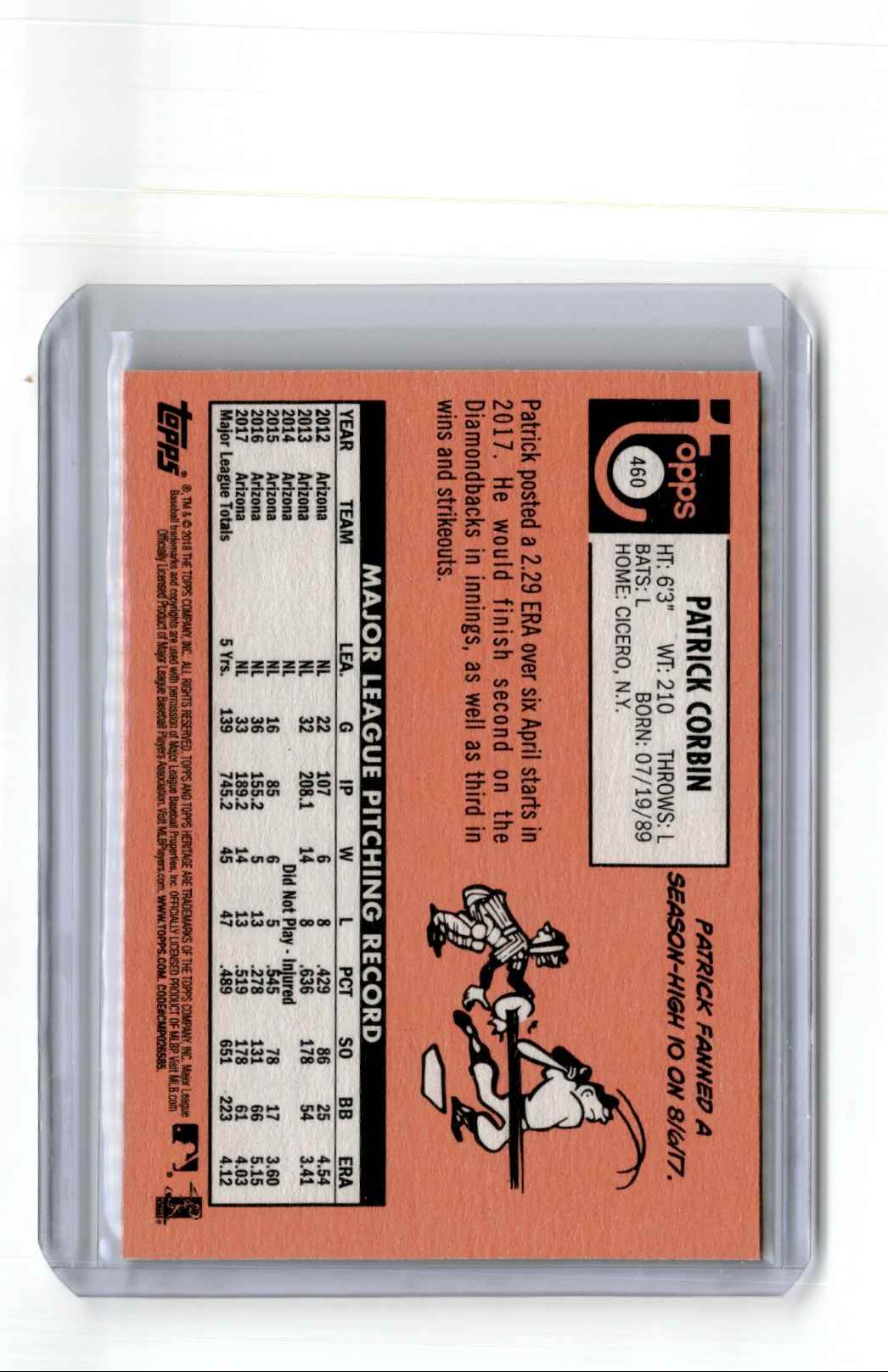 2018 Topps Heritage 100th Anniversary Patrick Corbin #460 card back image