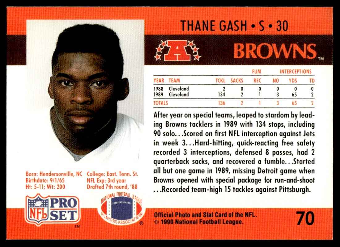 1990 Pro Set Thane Gash #70 card back image
