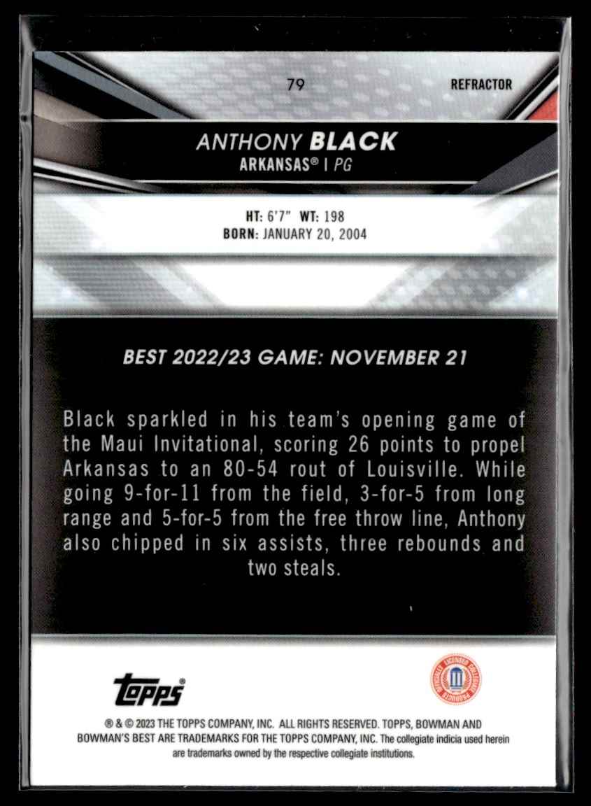 2023-24 Bowman University Chrome Refractor Bowman U Chrome Anthony Black #6 card back image