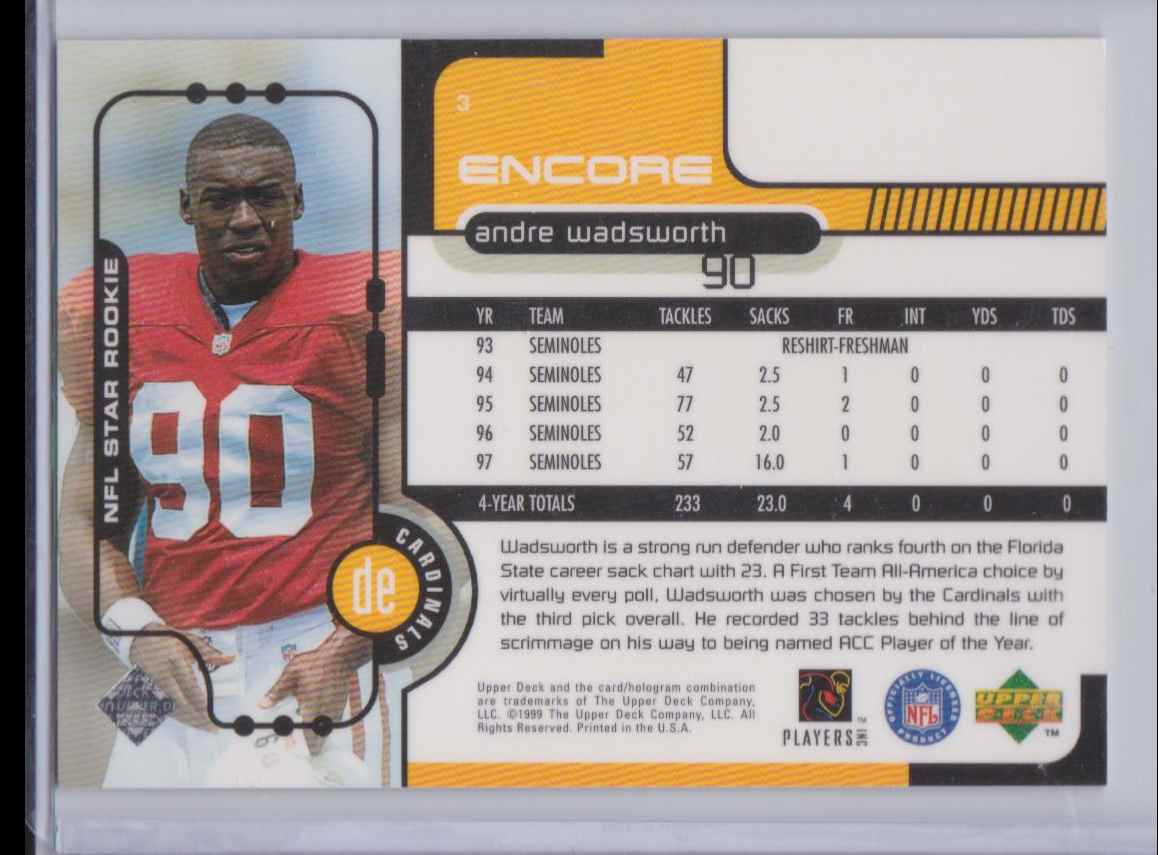 1999 Upper Deck Andre Wadsworth #6 card back image