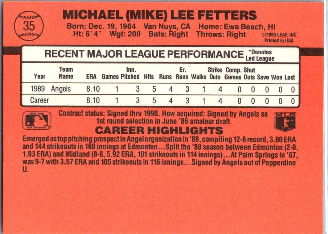 1990 Donruss Mike Fetters #35 card back image
