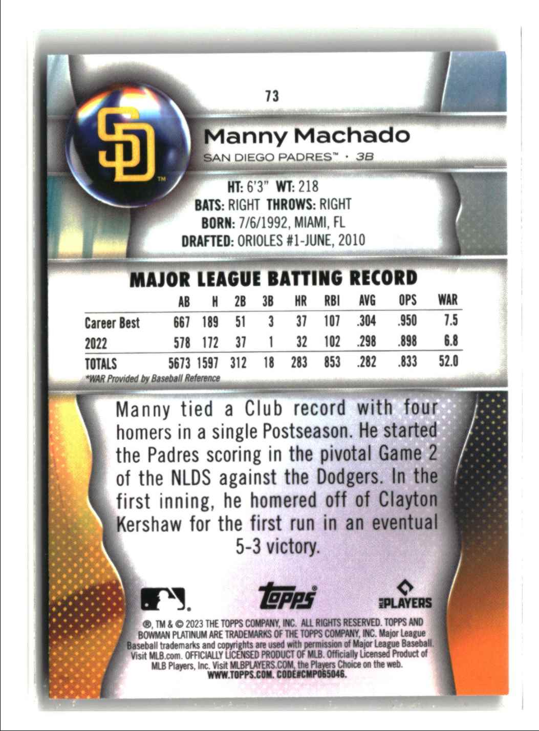 2023 Bowman Platinum Manny Machado #73 card back image