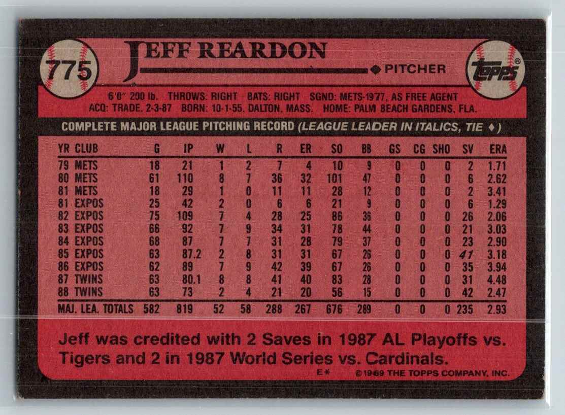 1989 Topps Jeff Reardon #775 card back image