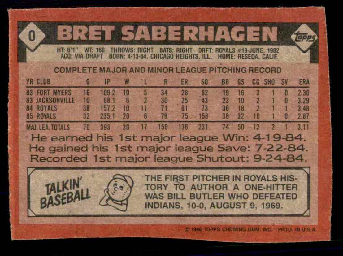 1986 Topps Bret Saberhagen #0 card back image