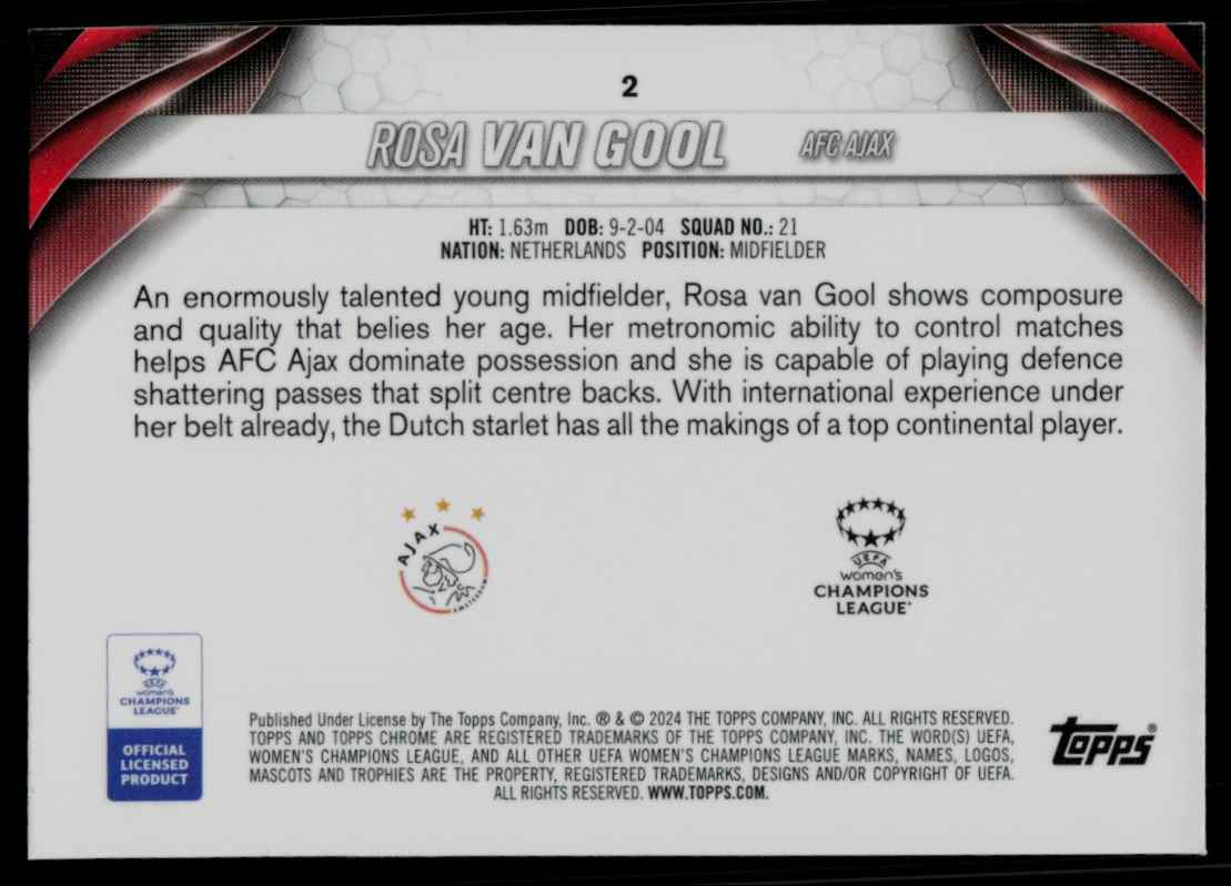 2023 Topps Chrome UEFA Womens Champions League Rosa Van Gool #2 card back image