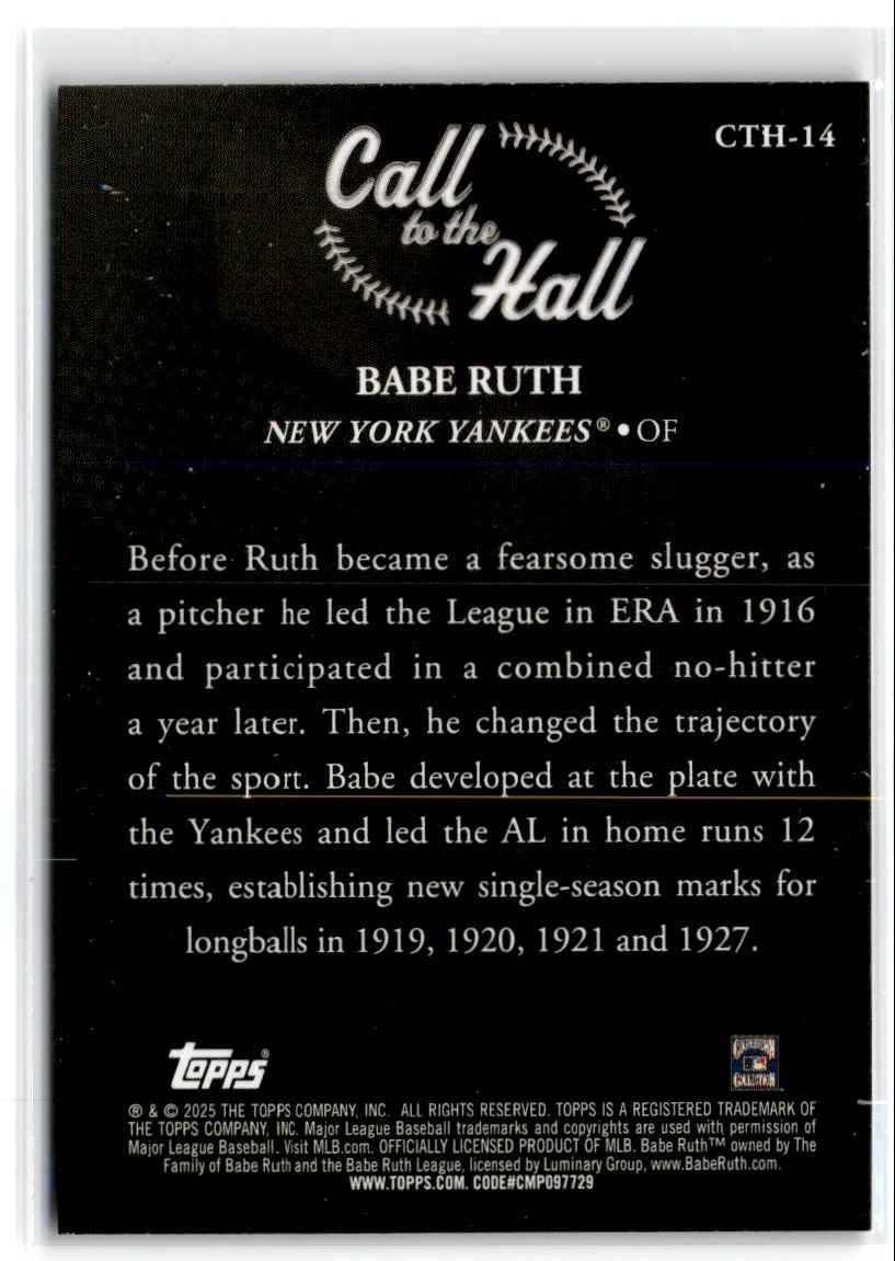 2025 Topps Call to the Hall Babe Ruth #CTH-14 card back image