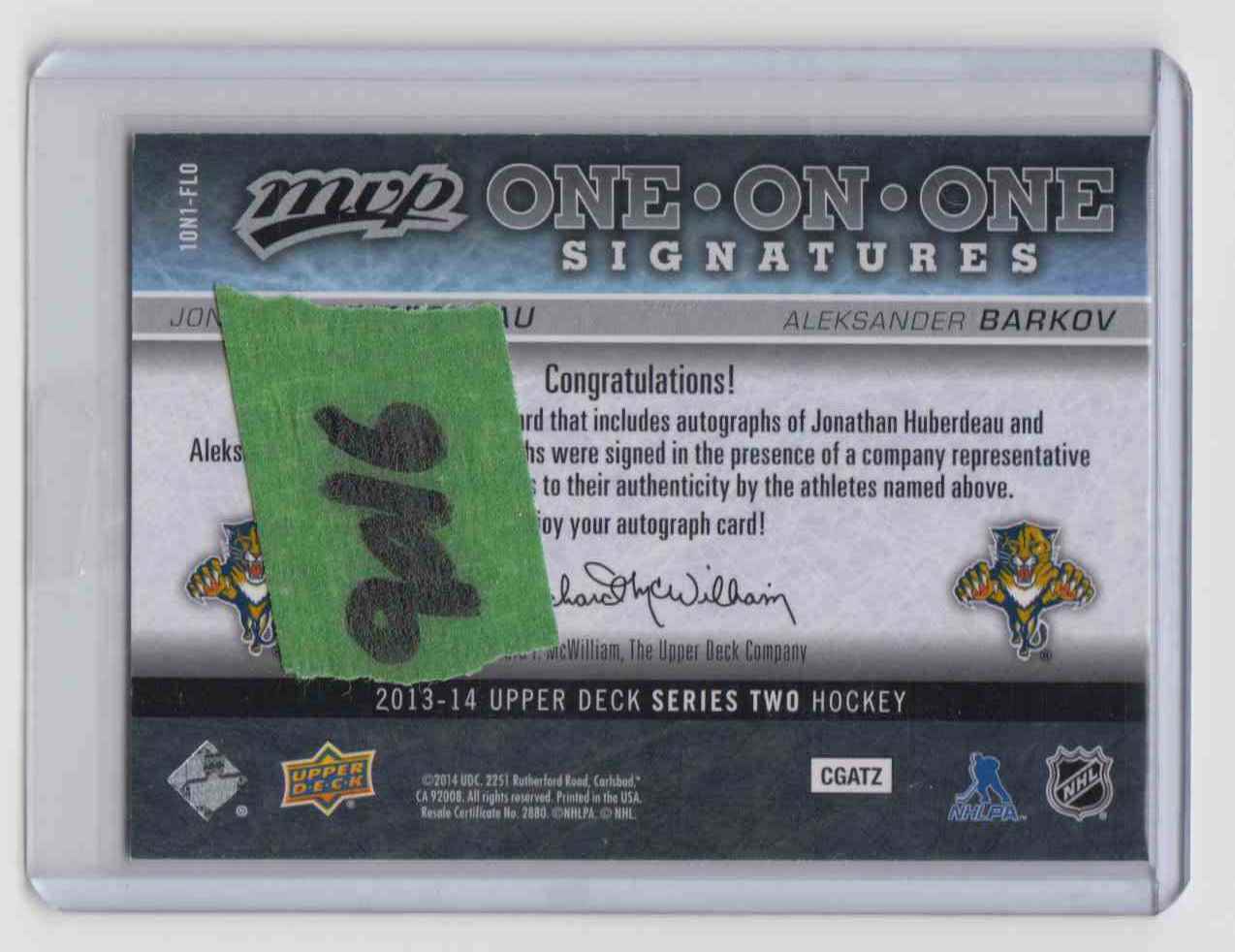 2013-14 Upper Deck MVP One On One Signatures Jonathan Huberdeau / Aleksander Barkov #1ON1-FLO card back image