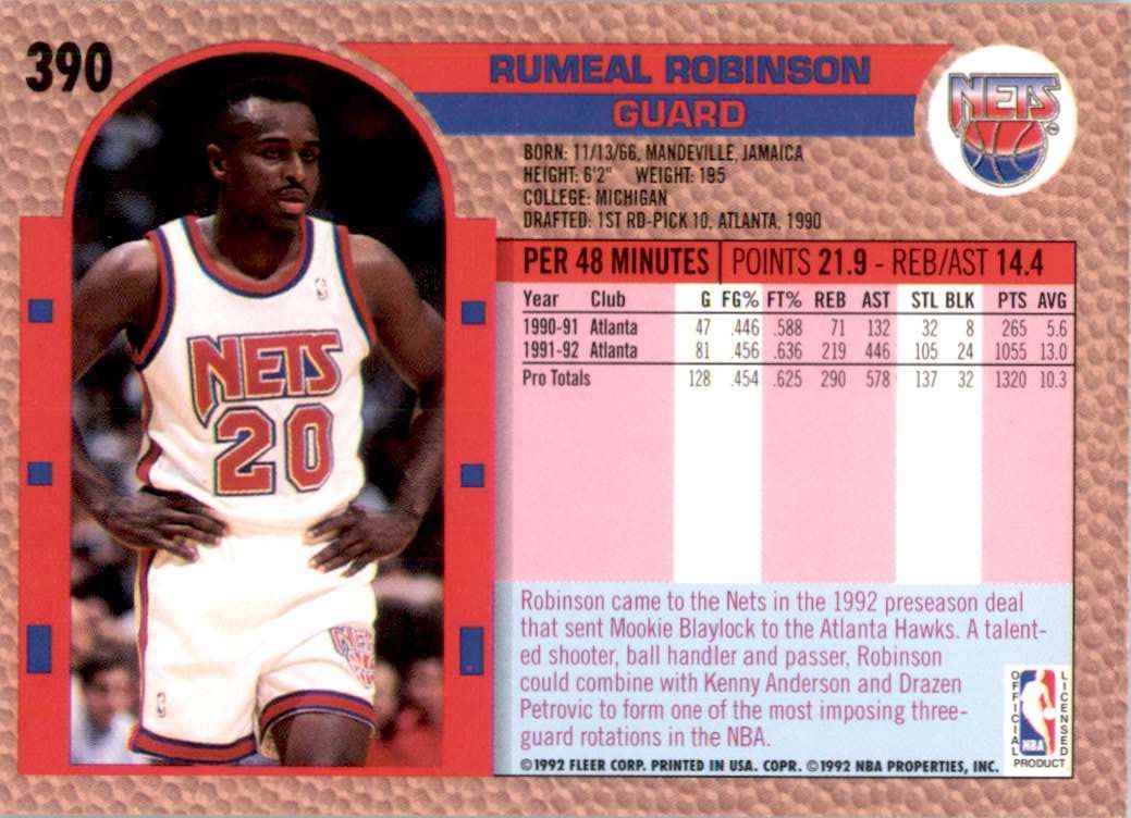 1992-93 Fleer Rumeal Robinson #390 card back image