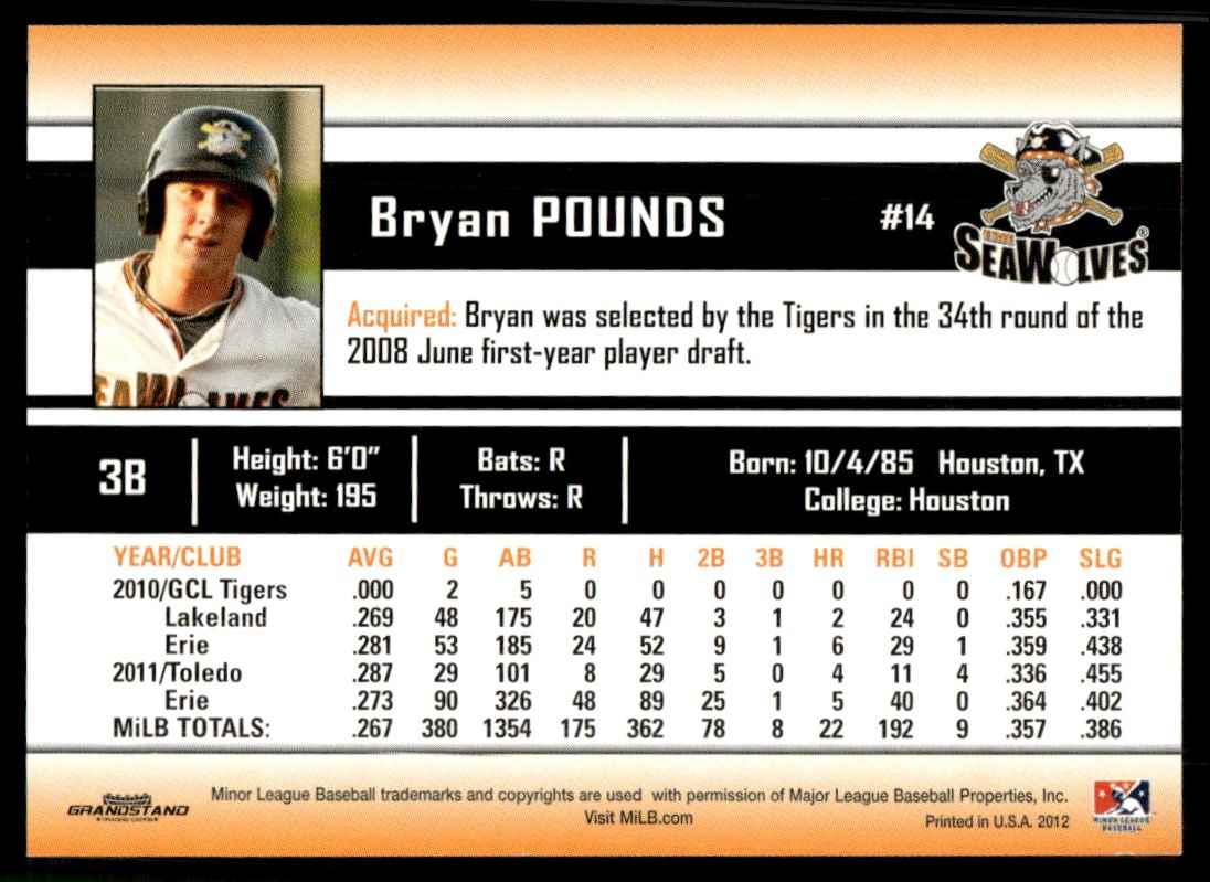 2012 MiLB Bryan Pounds card back image