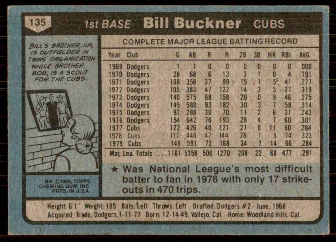 1980 Topps Bill Buckner #135 card back image