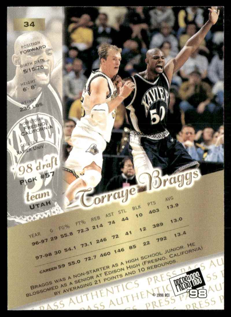 1998-99 Press Pass Authentics Hang Time Torraye Braggs #34 card back image