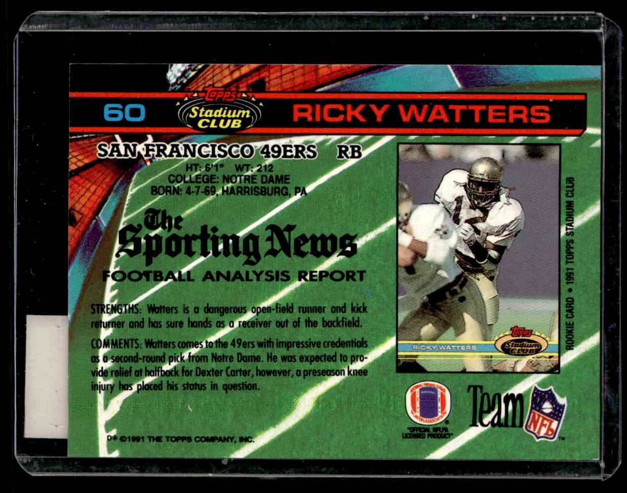 1991 Stadium Club Ricky Watters #60 card back image