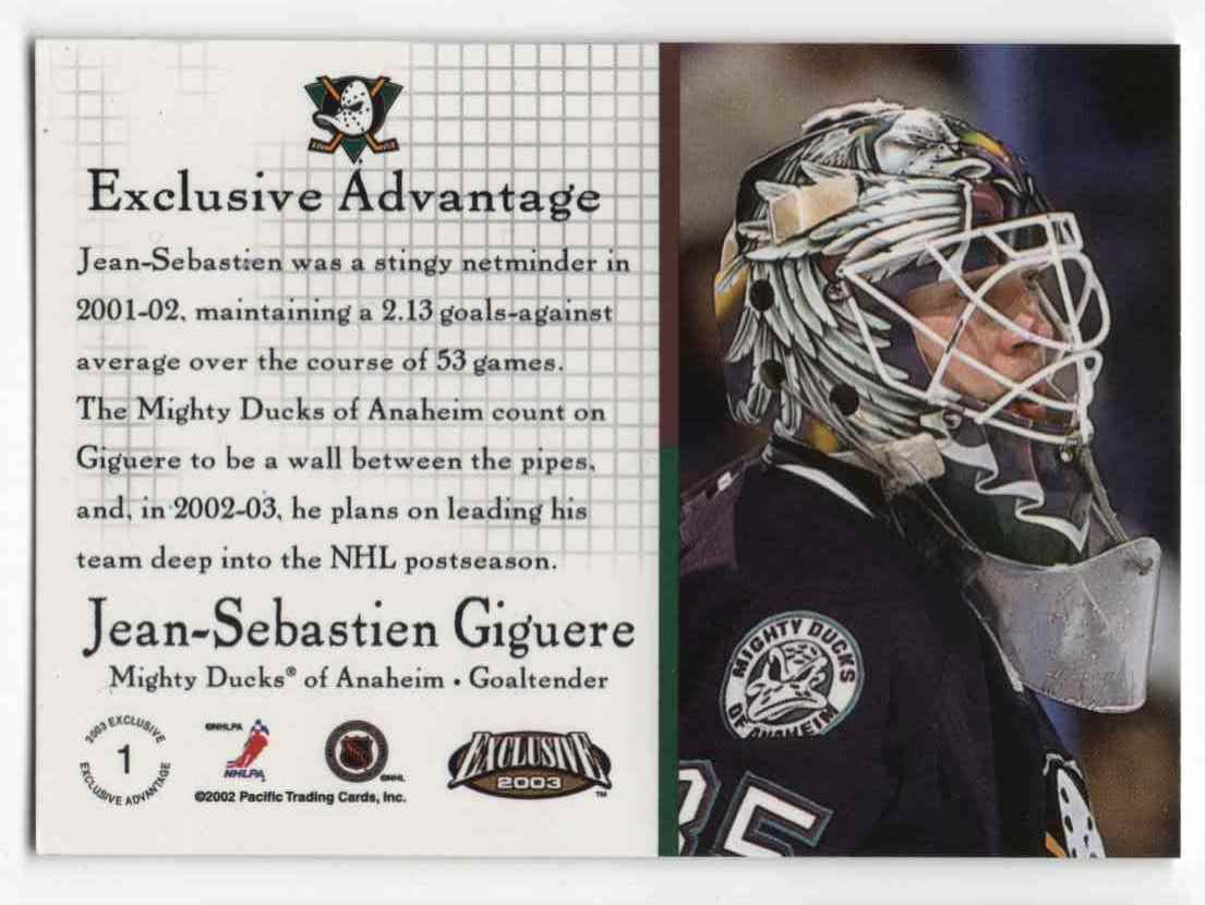 2002-03 Pacific Exclusive Advantage Jean-Sebastien Guguere #1 card back image