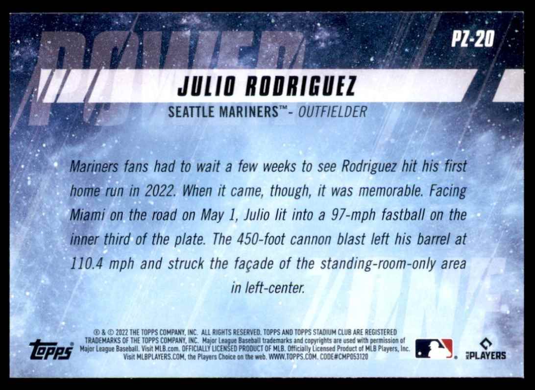 2022 Topps Stadium Club Power Zone Julio Rodriguez #PZ-20 card back image