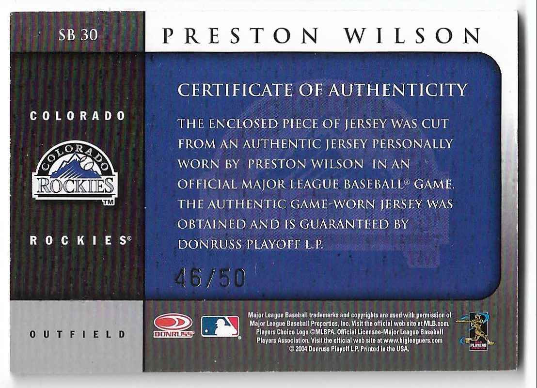 2005 Leaf Patch Off My Back Preston Wilson #SB 30 card back image