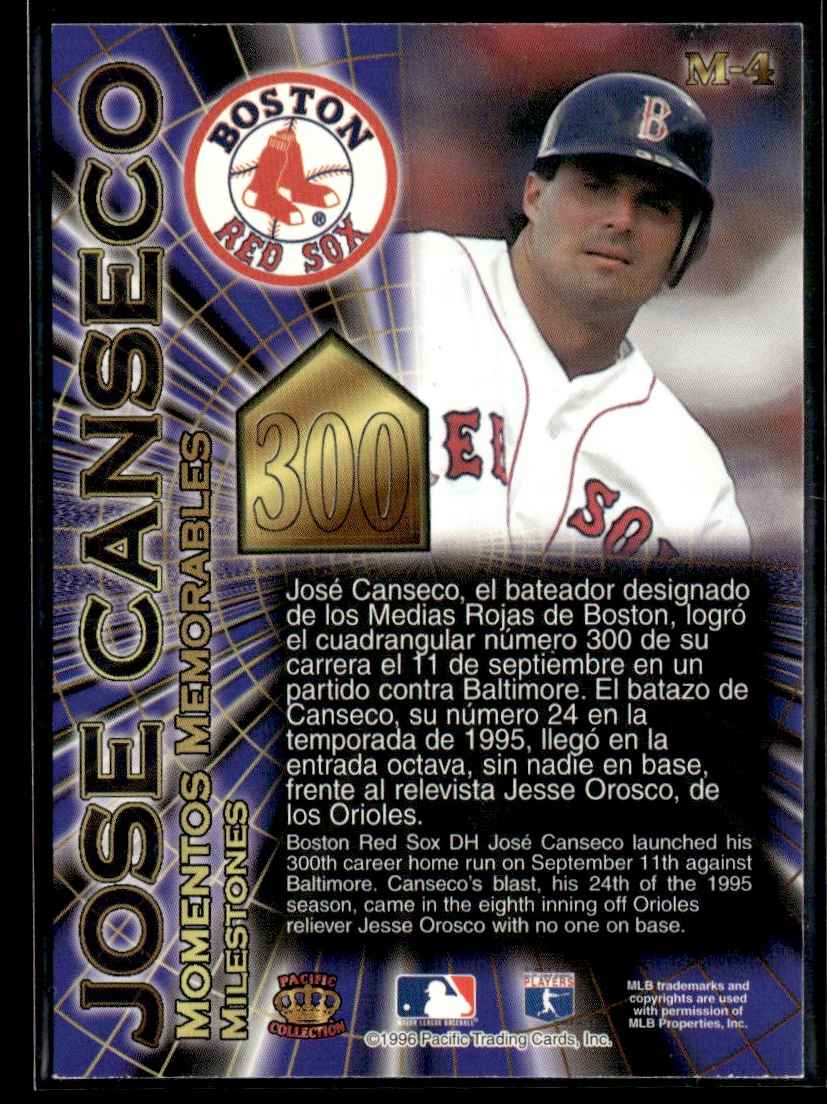 1996 Pacific Crown Collection Milestones Jose Canseco #M-4 card back image