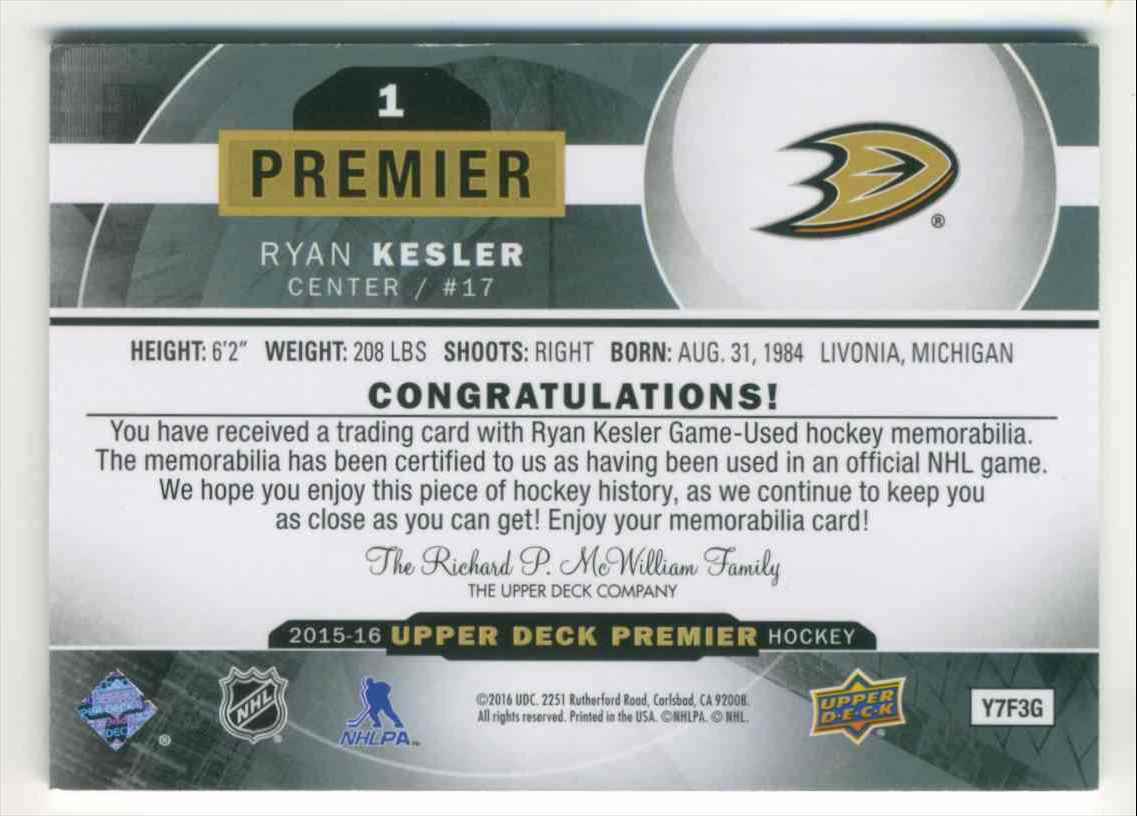 2015-16 Upper Deck Premier Jerseys Ryan Kesler #1 card back image