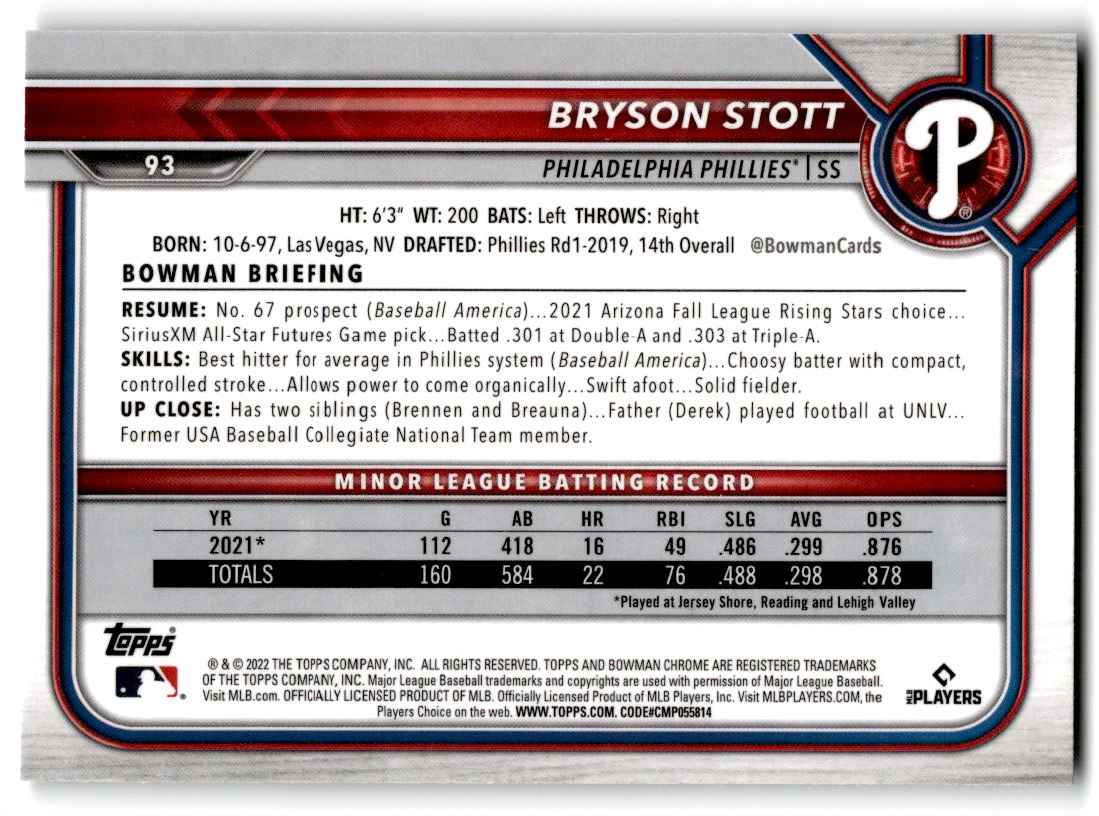 2022 Bowman Chrome Bryson Stott #93 card back image
