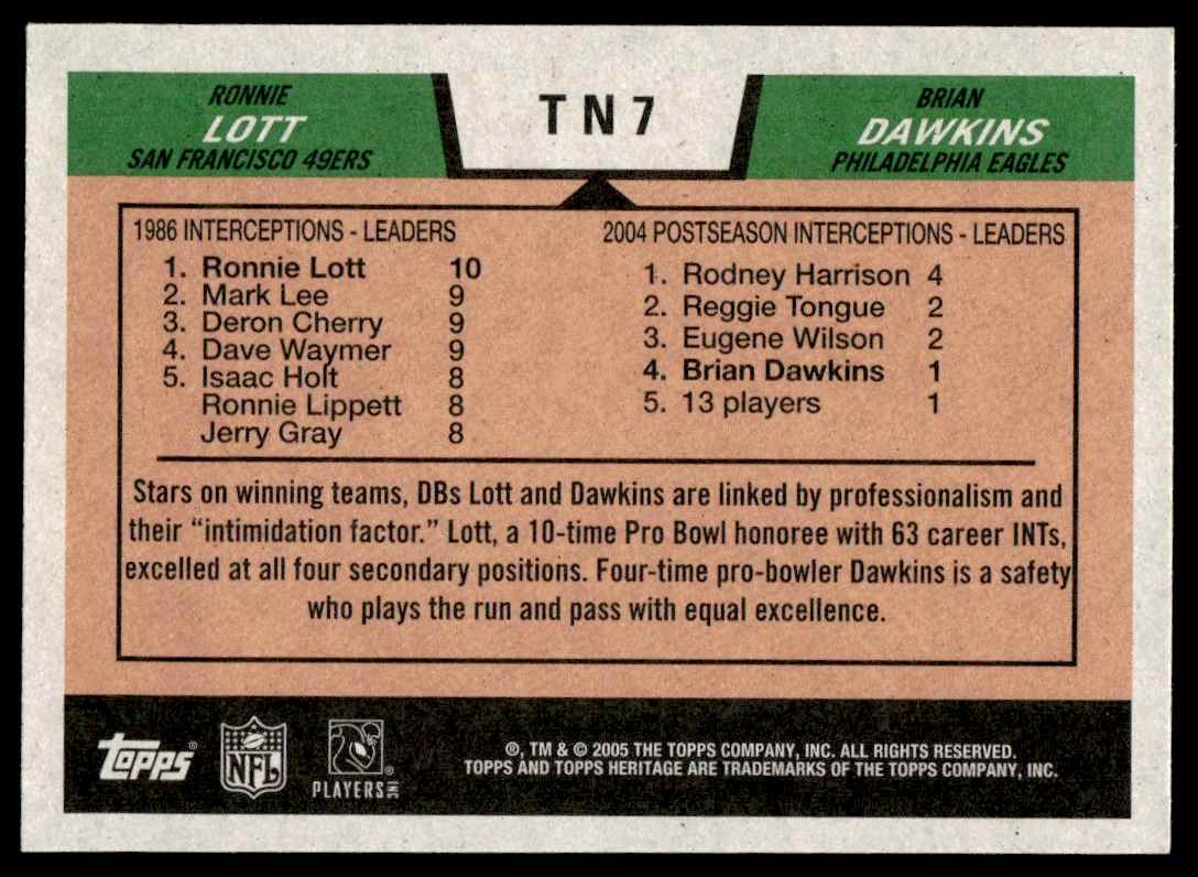 2005 Topps Heritage Then and Now Ronnie Lott/Brian Dawkins #TN7 card back image