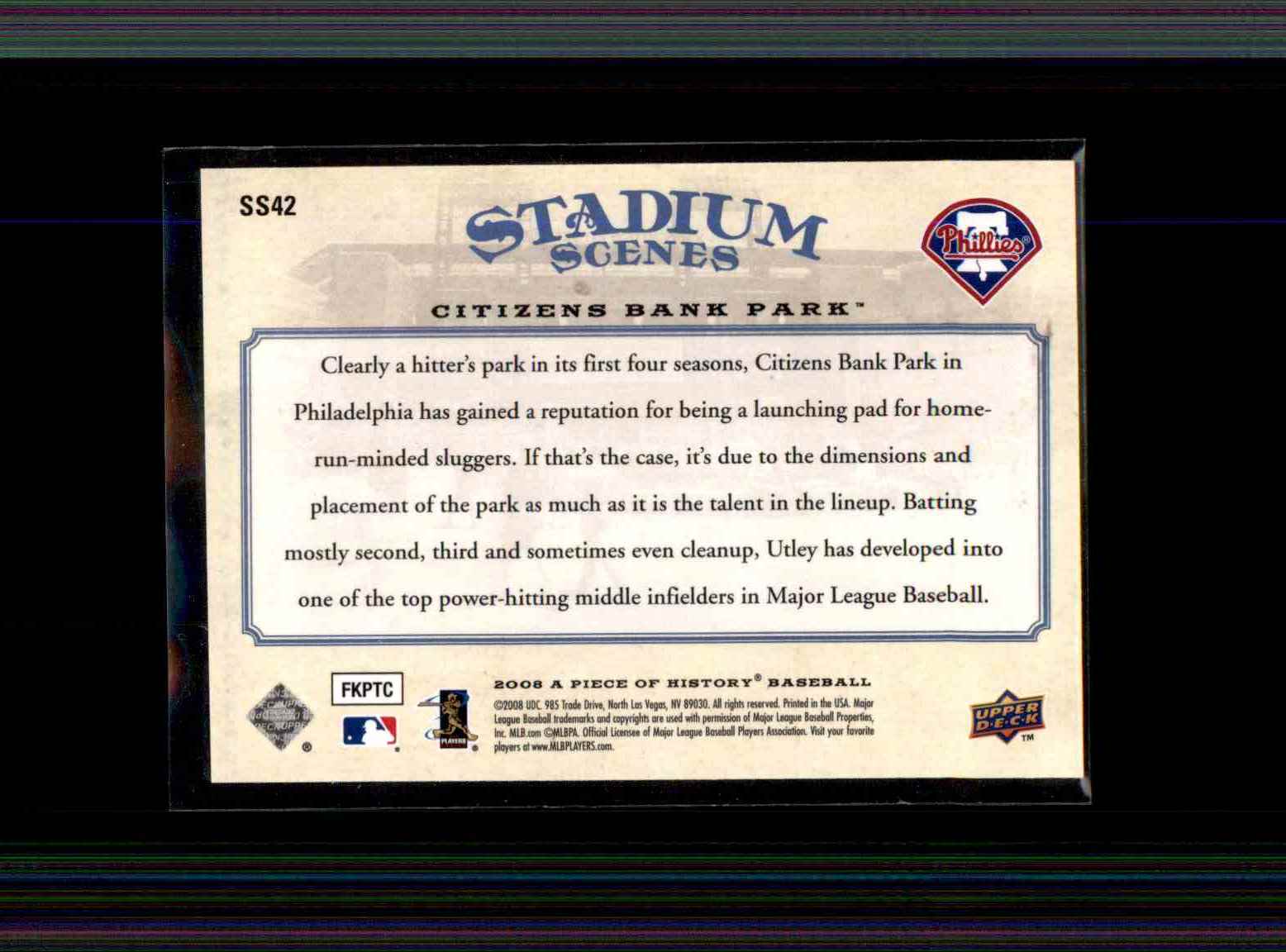2008 Upper Deck A Piece Of History Stadium Scenes Blue Chase Utley #SS42 card back image