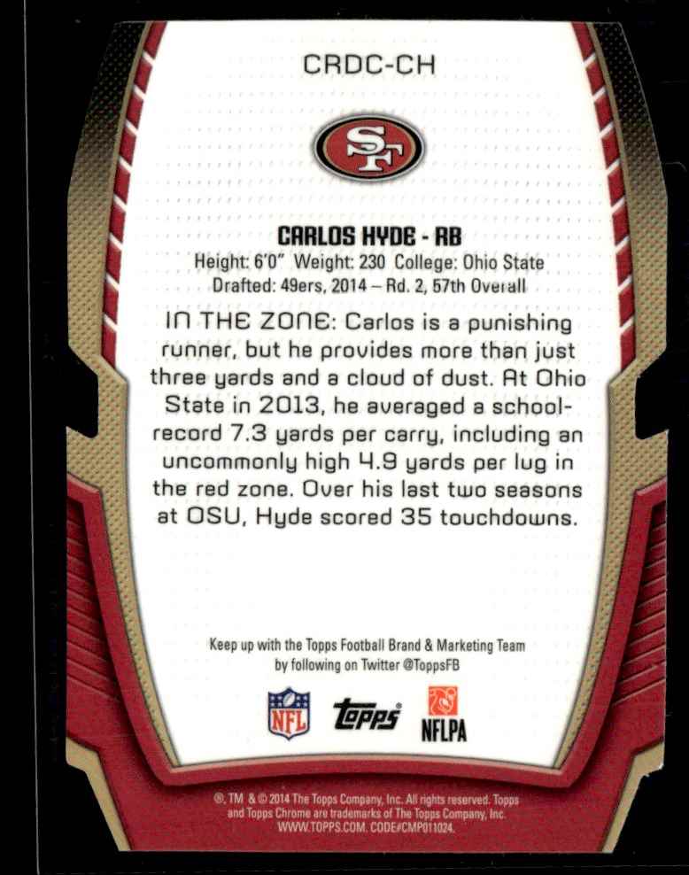 2014 Topps Chrome Rookie Die Cuts Blue Wave Carlos Hyde #CRDC-CH card back image