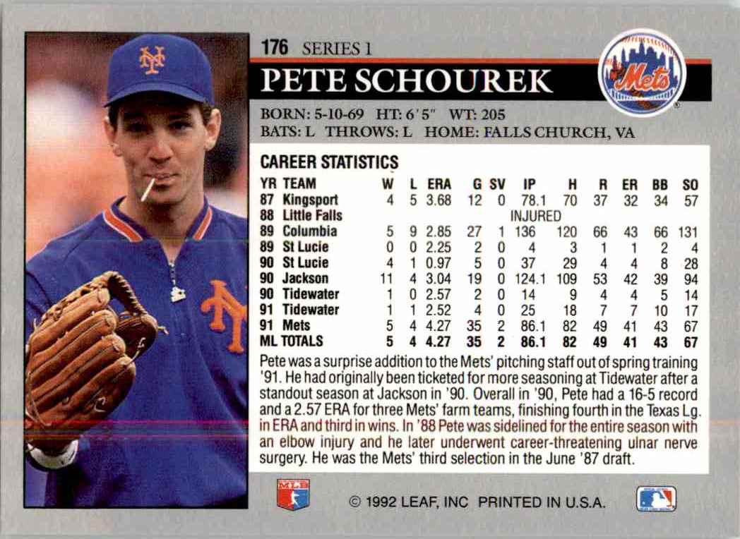 1992 Leaf Series 1 You Tube 15 Pete Schourek #176 card back image