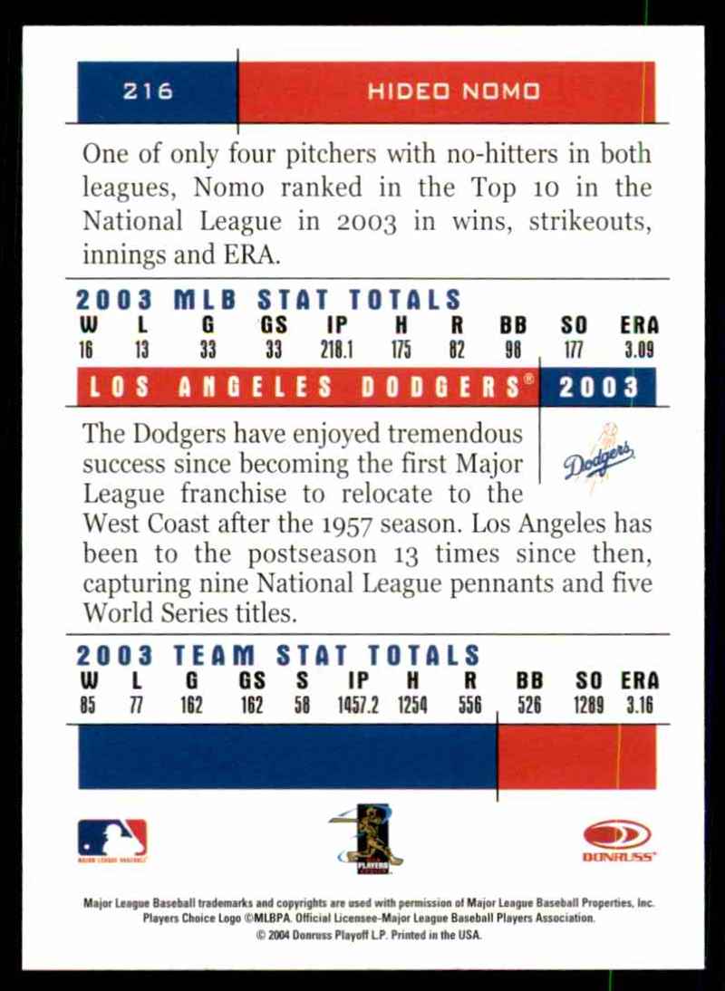 2004 Donruss Team Heroes Hideo Nomo #216 card back image