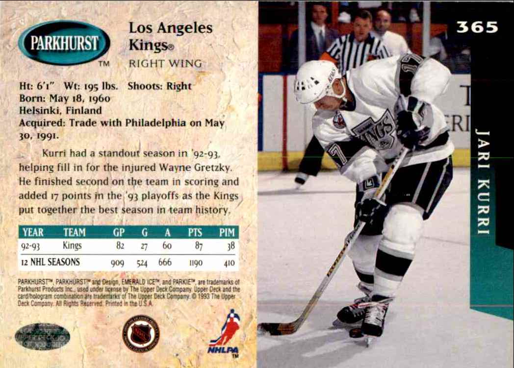 1993-94 Parkhurst Emerald Ice Jari Kurri #365 card back image