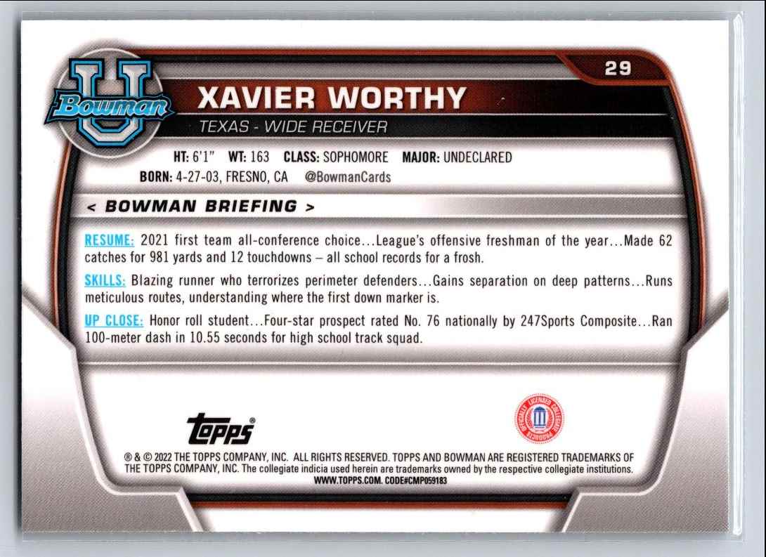 2022 Bowman University Chrome Xavier Worthy #29 card back image