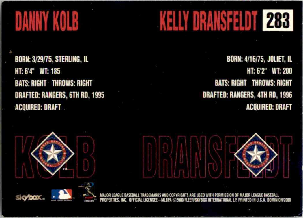 2000 Baseball Skybox Dominion Danny Kolb/Kelly Dransfeldt #283 card back image