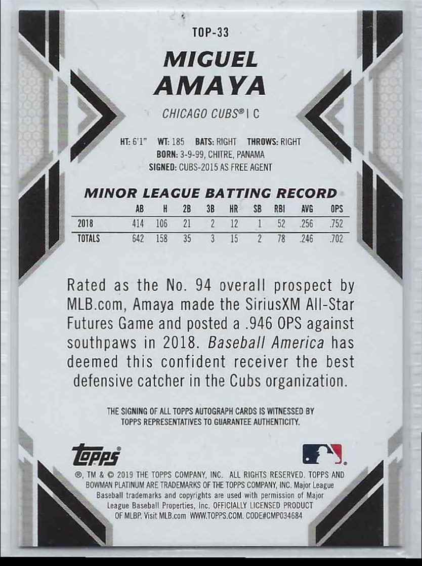2019 Topps Bowman Platinum Miguel Amaya #TOP-33 card back image