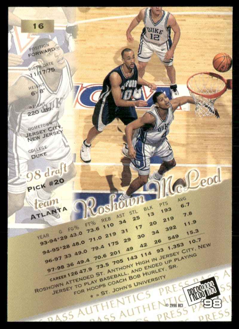 1998-99 Press Pass Authentics Hang Time Roshown Mcleod #16 card back image