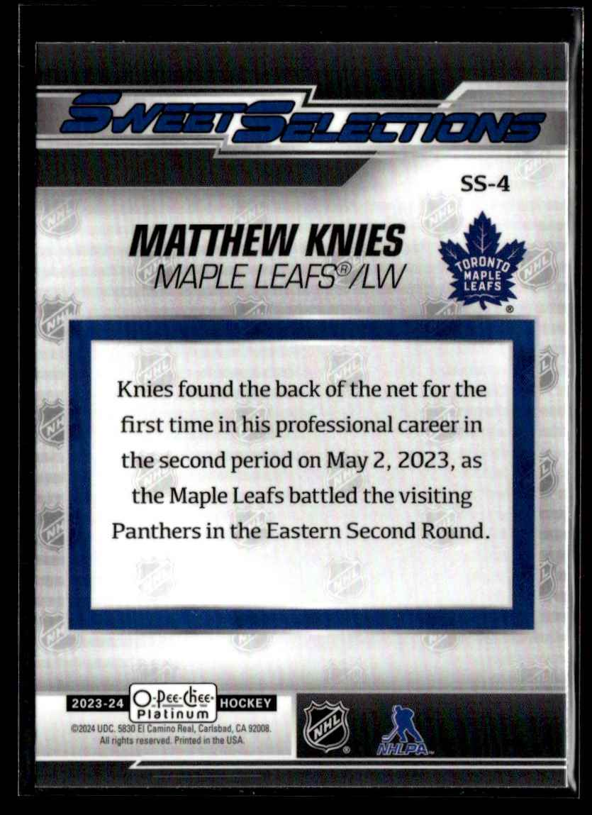 2023-24 O-Pee-Chee Platinum Sweet Selections Matthew Knies #SS-4 card back image
