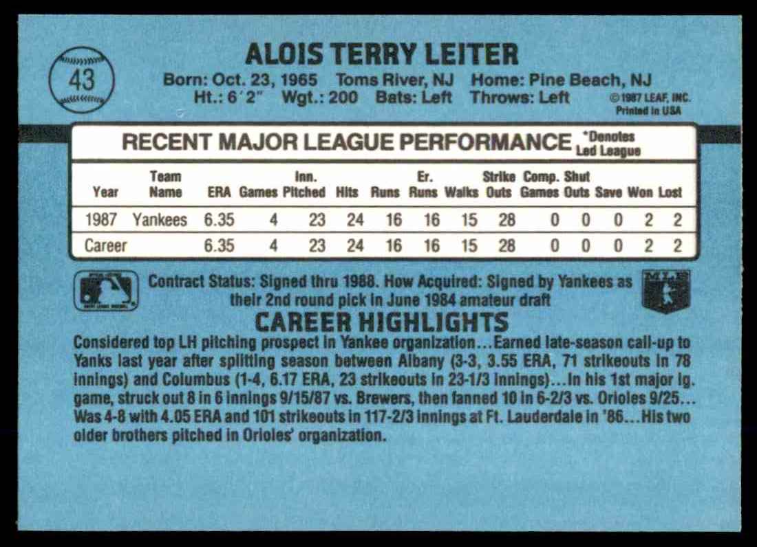1991 Donruss Al Leiter #43 card back image
