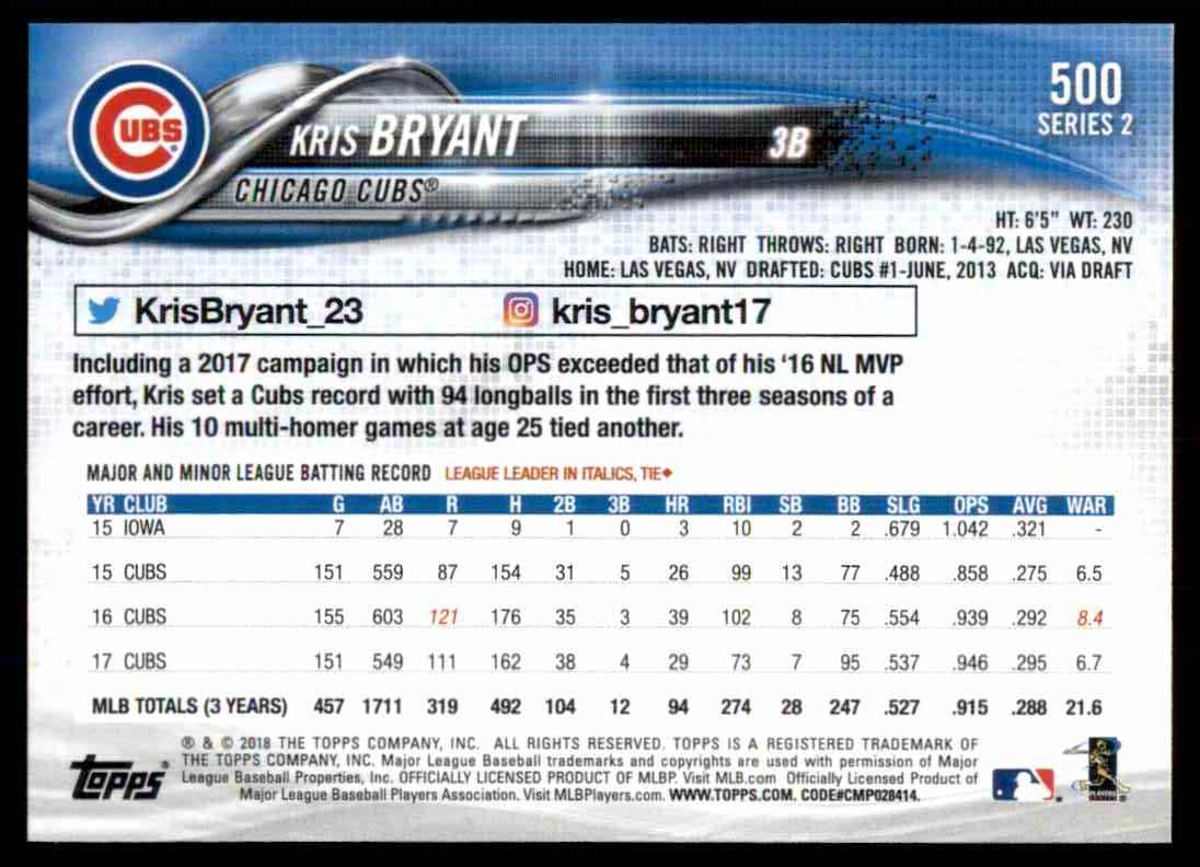2018 Topps Series 2 Ssp Variation Kris Bryant #500 card back image