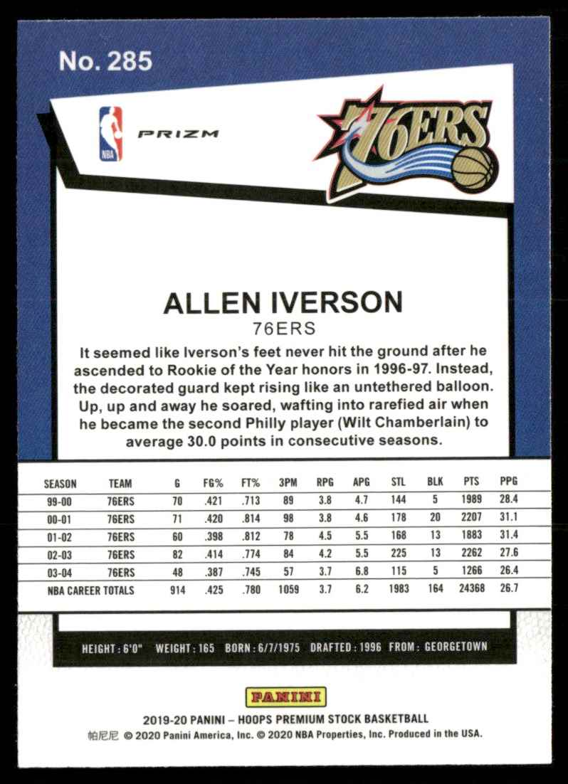 2019-20 Hoops Premium Stock Silver Shimmer Prizm Allen Iverson #285 card back image