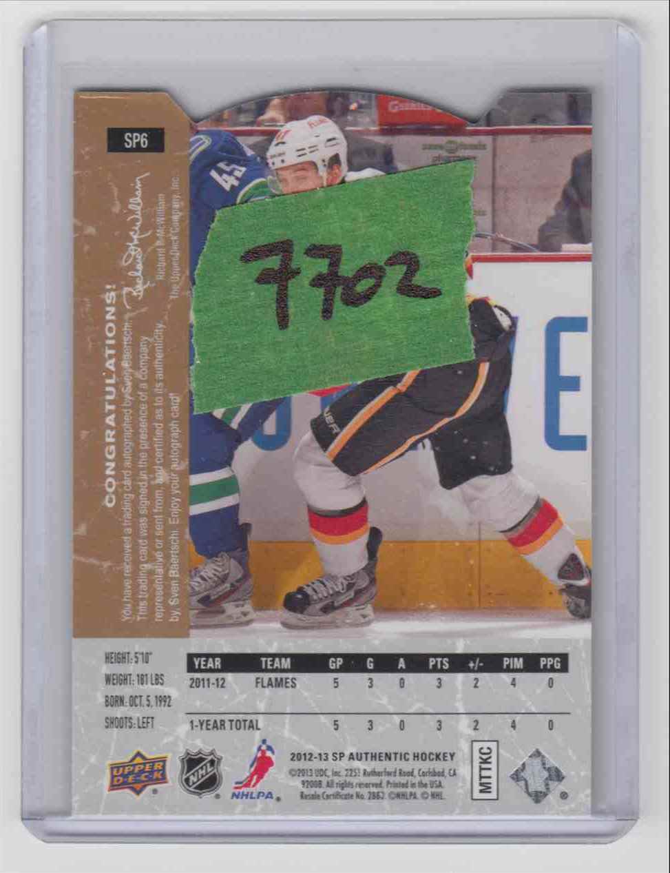 2012-13 Upper Deck SP Authentic Retro Die-Cut Autograph Sven Baertschi #SP6 card back image