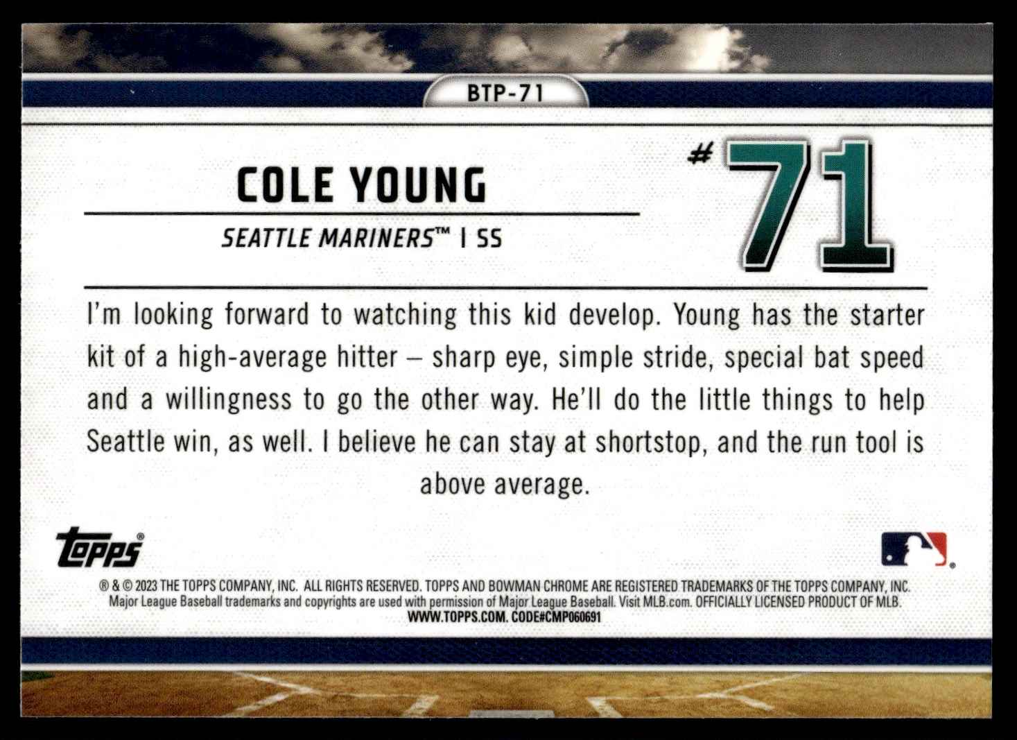 2023 Bowman Scouts’ Top 100 Cole Young #BTP-71 card back image