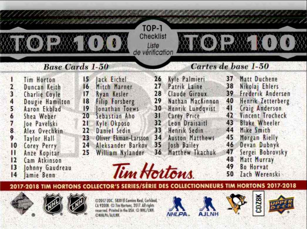 2017-18 Upper Deck Tim Hortons Top 100 Sidney Crobsy #TOP-1 card back image