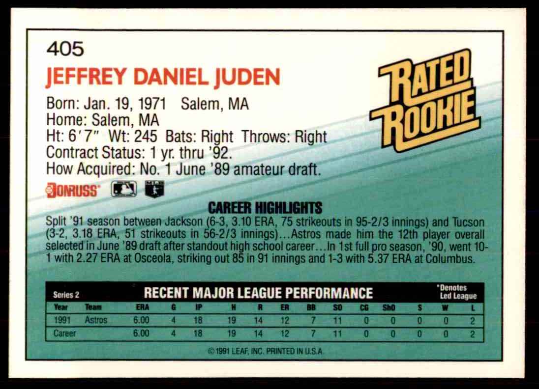 1992 Donruss Jeff Juden #405 card back image