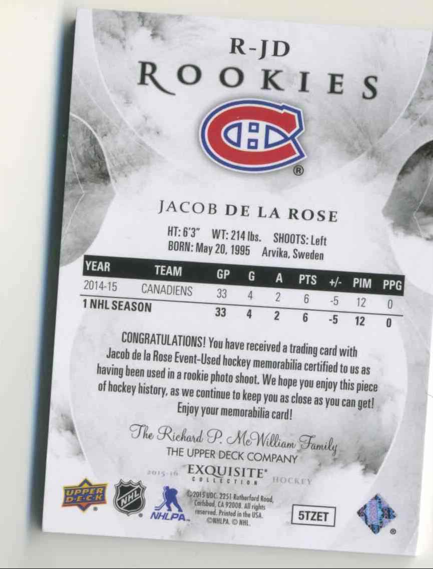2015-16 Upper Deck Exquisite Jacob De La Rose #R-JD card back image