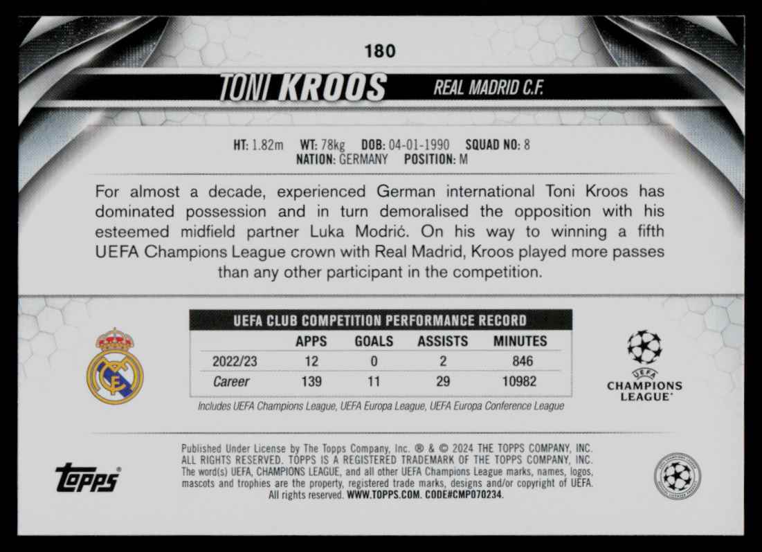 2023 Topps UEFA Club Competitions Toni Kroos #180 card back image