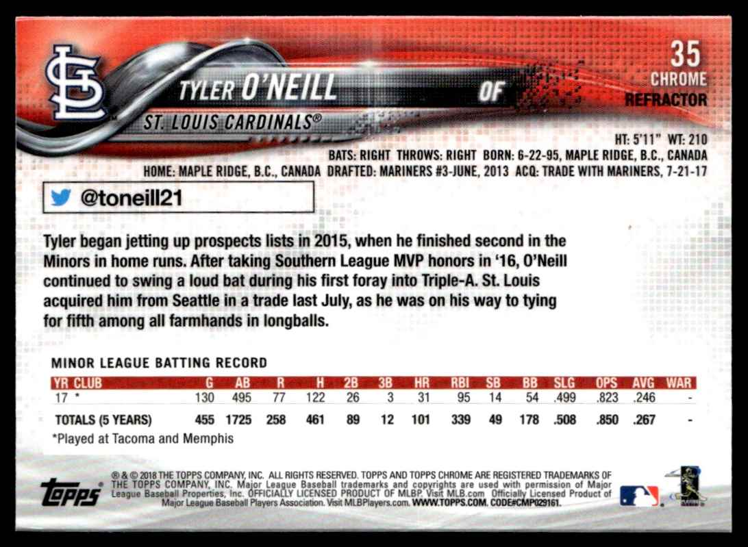 2018 Topps Chrome Sepia Refractor Tyler O'Neill #35 card back image