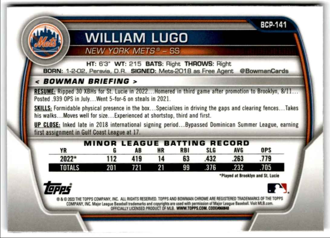 2023 Bowman Chrome Sapphire Prospects William Lugo #BCP-141 card back image