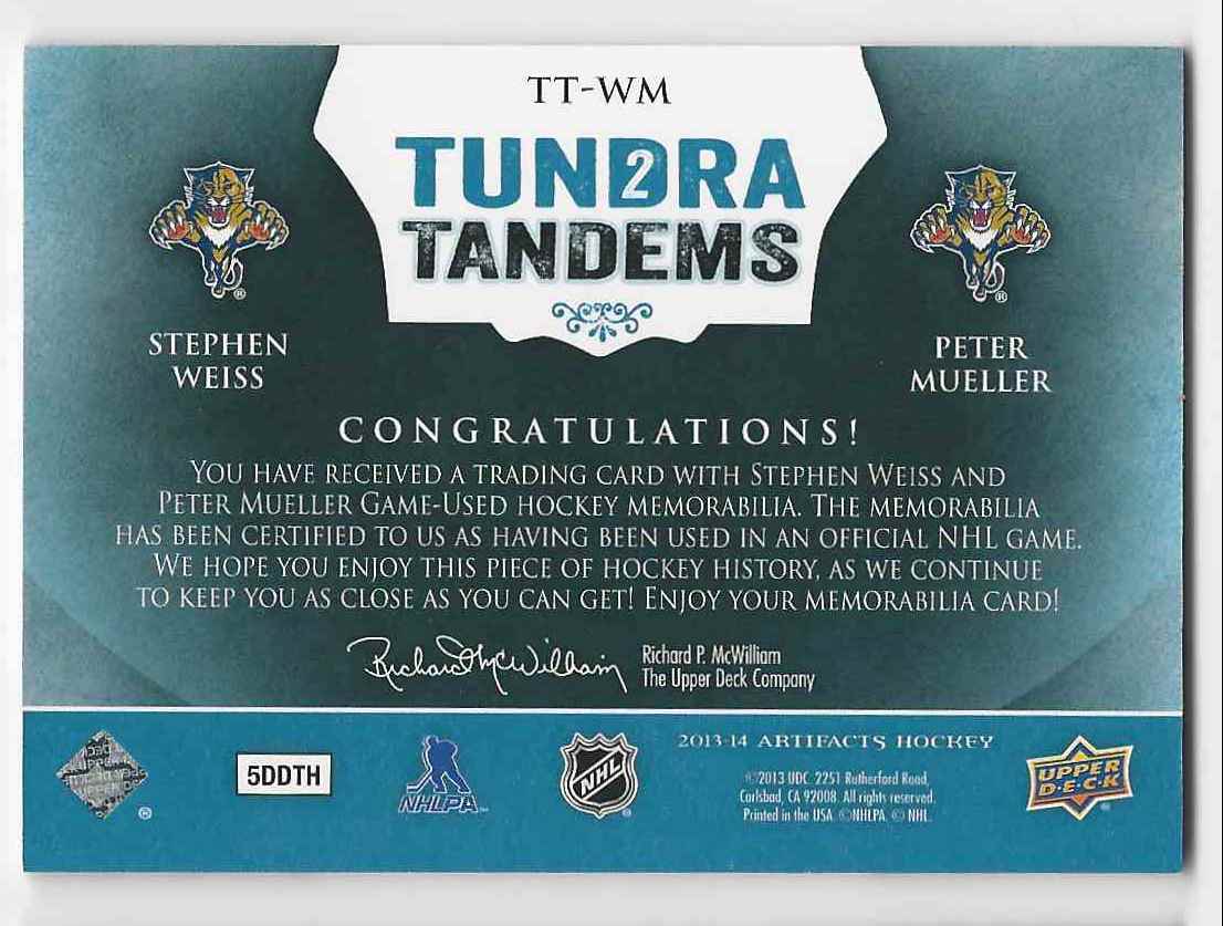 2013-14 Artifacts Tundra Tandems Jerseys Blue Stephen Weiss Peter Mueller #TT-WM card back image