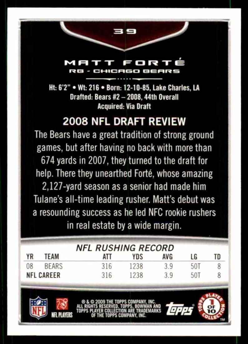 2009 Bowman Draft Matt Forte #39 card back image