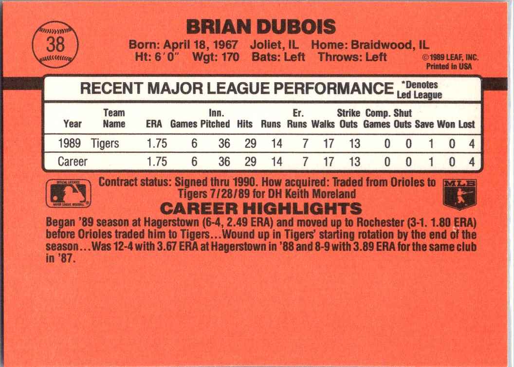 1990 Donruss Brian DuBois #38 card back image
